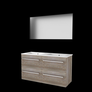 Basic-Line meuble de salle de bain encadré 46 ensemble 120x46cm avec poignées 4 tiroirs lavabo en porcelaine 2 trous de robinetterie miroir cadre aluminium noir mat tout autour mfc scotch oak