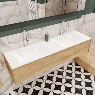 MONDIAZ LUSH Ensemble de meuble de salle de bain - 150cm - 1 tiroir - lavabo cloud - 2 vasques - 2 trous de robinet - chêne blanchi