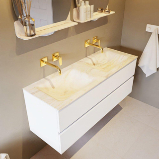 Mondiaz VICA-DLUX ensemble de meuble de salle de bain - 130cm - meuble sous-vasque talc - 2 tiroirs - lavabo encastrée cloud double - sans trous de robinet - version haute de 60cm - ostra