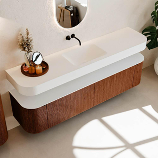 MONDIAZ THOR Meuble de salle de bains 190cm arrondi gauche + droite couleur Ruby avec 2 tiroirs et 2 portes. Vasque suspendue CLOUD Milieu sans trou de robinet couleur Talc.