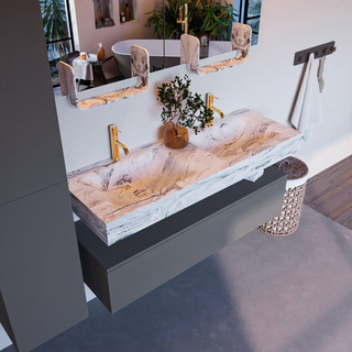 Mondiaz ALAN-DLUX Ensemble de meuble - 130cm - meuble Plata mat - 1 tiroir - Lavabo Cloud Glace suspendu - vasque Gauche et droite - 2 trous de robinet