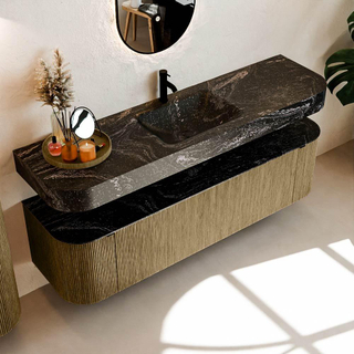 MONDIAZ THOR-DLUX 170cm meuble de salle de bains arrondi gauche + droite couleur Dusk avec 1 tiroir et 2 portes. Vasque suspendue CLOUD Milieu 1 trou de robinet couleur Lava.