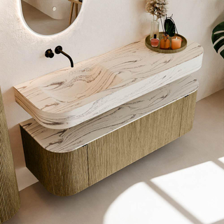 MONDIAZ THOR-DLUX 140cm meuble de salle de bains arrondi gauche + droite couleur Dusk avec 1 tiroir et 2 portes. Vasque suspendue CLOUD Gauche sans trou de robinet couleur Nata.