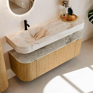 MONDIAZ THOR-DLUX 140cm meuble de salle de bains arrondi gauche + droite couleur Oak avec 1 tiroir et 2 portes. Vasque suspendue CLOUD Gauche 1 trou de robinet couleur Frappe.