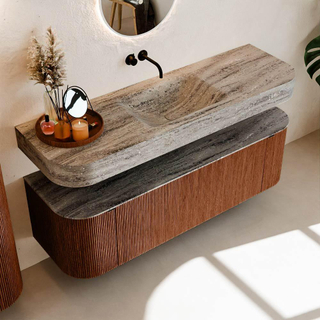 MONDIAZ THOR-DLUX 150cm meuble de salle de bains arrondi gauche + droite couleur Ruby avec 1 tiroir et 2 portes. Vasque suspendue CLOUD Milieu sans trou de robinet couleur Oza.