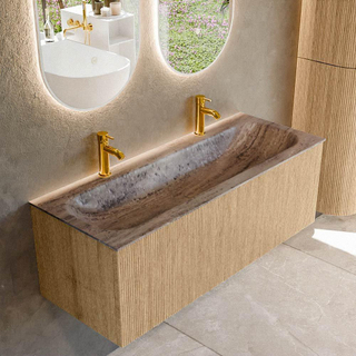 MONDIAZ KURVE-DLUX 120cm badmeubel kleur Oak met 1 lade en 0 deuren. Wastafel BIG LARGE Midden 2 kraangaten Oza.