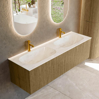 Ensemble de meuble de salle de bain Mondiaz KURVE-DLUX - 150x46x40cm - 2 tiroirs - lavabo en solid surface - double - 2 trous de robinet - Dusk