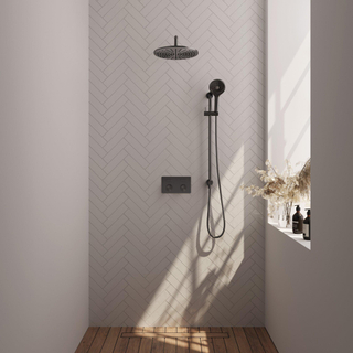 Brauer Gunmetal Carving douche thermostatique à effet pluie avec bouton poussoir 70 30cm douche de tête bras mural courbe 3 positions douche à main flexible coulissant intégré gunmetal Brushed pvd