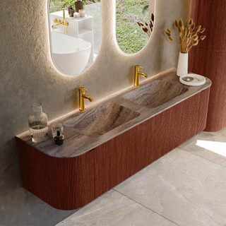 MONDIAZ KURVE-DLUX 170cm badmeubel ronding Links + Rechts kleur Ruby met 1 lade en 2 deuren. Wastafel LEAF Dubbel 2 kraangaten Oza.