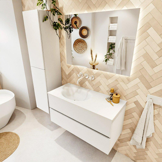MONDIAZ VICA 100cm meuble sous lavabo Talc 2 tiroirs. Lavabo MOON gauche sans trou de robinet, couleur Talc.