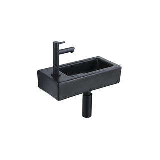 FugaFlow Efficiente Pietra Ensemble de fontaine - 37,5x18,5x9cm - céramique - trou de robinet à gauche - robinet de fontaine noir mat - bouchon de vidange - siphon abaissé - Noir Mat