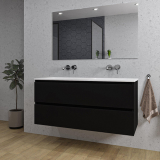 Adema Chaci Ensemble salle de bain - 120x46x57cm - 2 vasques en céramique blanche - sans trous de robinet - 2 tiroirs - miroir rectangulaire - noir mat