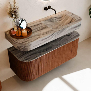 MONDIAZ THOR-DLUX 120cm meuble de salle de bains arrondi gauche + droite couleur Ruby avec 1 tiroir et 2 portes. Vasque suspendue CLOUD Droite sans trou de robinet couleur Sombra.