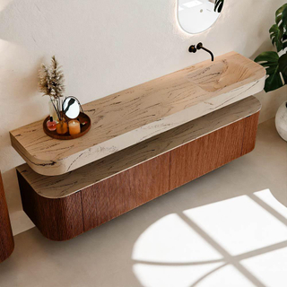 MONDIAZ THOR-DLUX 200cm meuble de salle de bains arrondi gauche + droite couleur Ruby avec 2 tiroirs et 2 portes. Vasque suspendue CLOUD droite sans trou de robinet couleur Arena.