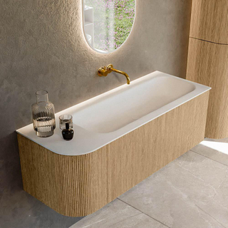 MONDIAZ KURVE 125cm Meuble salle de bain avec module 25 G - couleur Oak - 1 tiroir - 1 porte - vasque BIG MEDIUM droite - sans trous de robinet - Talc