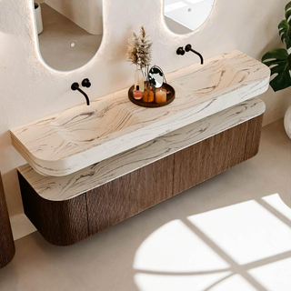 MONDIAZ THOR-DLUX Meuble de salle de bains - 190cm - arrondi gauche + droite - couleur Walnut - 2 tiroirs et 2 portes - Vasque suspendue CLOUD Double sans trou de robinet - couleur Nata