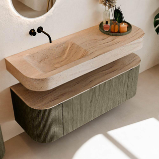 MONDIAZ THOR-DLUX 130cm meuble de salle de bains arrondi gauche + droite couleur Shadow avec 1 tiroir et 2 portes. Vasque suspendue CLOUD gauche sans trou de robinet couleur Saba.