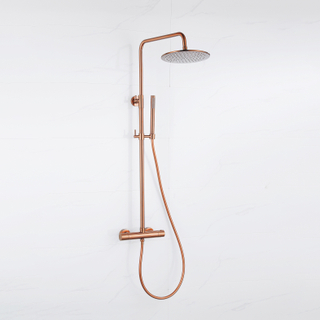 FugaFlow Eccelente Ensemble d'accessoires pour douche de tête - thermostatique - pomme de tête 25 cm - flexible lisse - douchette à main sur barre - Cuivre brossé PVD (Cuivre)