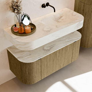 MONDIAZ THOR-DLUX Meuble de salle de bains 110cm arrondi gauche + droite couleur Dusk avec 1 tiroir et 2 portes. Vasque suspendue CLOUD Droite sans trou de robinet couleur Ostra.