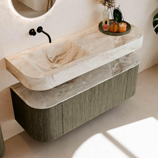 MONDIAZ THOR-DLUX 130cm meuble de salle de bains arrondi gauche + droite couleur Shadow avec 1 tiroir et 2 portes. Vasque suspendue CLOUD Gauche sans trou de robinet couleur Frappe.