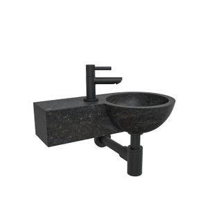 Wiesbaden b lavabo rond 40x23x10cm avec trou pour robinet à gauche pierre dure noire, robinet de lavabo amador noir mat inclus