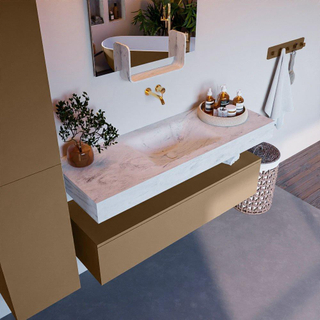 Mondiaz ALAN-DLUX Ensemble de meuble - 130cm - meuble Oro mat - 1 tiroir - Lavabo Cloud Opalo suspendu - vasque Centre - 0 trous de robinet
