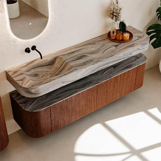 MONDIAZ THOR-DLUX 180cm meuble de salle de bains arrondi gauche + droite couleur Ruby avec 2 tiroirs et 2 portes. Vasque suspendue CLOUD Gauche sans trou de robinet couleur Sombra.