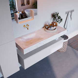Mondiaz ALAN-DLUX Ensemble de meuble - 130cm - meuble Cale mat - 1 tiroir - Lavabo Cloud Ostra suspendu - vasque Gauche - 0 trous de robinet