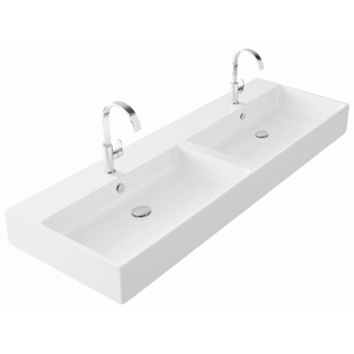 Thebalux Type Quadro Vasque 142x46x2cm 2 trous de robinet 2 vasques rectangulaire céramique blanc brillant