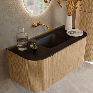MONDIAZ KURVE 100cm Meuble salle de bain avec module 25 G et D - couleur Oak - 1 tiroir - 2 portes - vasque GRUNNE centre - sans trous de robinet - Urban