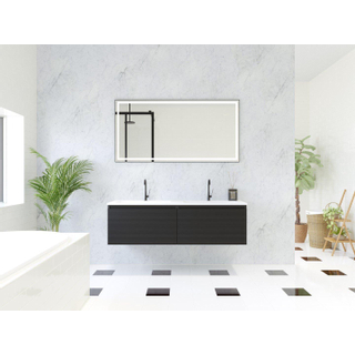 HR Matrix ensemble meuble de salle de bain 3d 140cm 2 tiroirs sans poignée avec bandeau couleur noir mat avec vasque fine 2 trous de robinetterie blanc mat