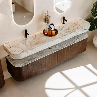 MONDIAZ THOR-DLUX 200cm meuble de salle de bains arrondi gauche + droite couleur Walnut avec 2 tiroirs et 2 portes. Vasque suspendue CLOUD Double 2 trous de robinet couleur Glace.