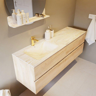 Mondiaz VICA-DLUX ensemble de meuble de salle de bain - 150cm - meuble sous-vasque chêne blanchi - 4 tiroirs - lavabo encastré cloud gauche - 1 trou de robinet - version haute de 60cm - ostra