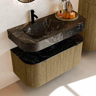 MONDIAZ THOR-DLUX 100cm meuble de salle de bains arrondi gauche + droite couleur Dusk avec 1 tiroir et 2 portes. Vasque suspendue CLOUD Gauche 1 trou de robinet couleur Lava.