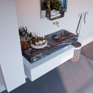 Mondiaz ALAN-DLUX Ensemble de meuble - 120cm - meuble - Talc mat - 1 tiroir - Lavabo Cloud Lava suspendu - vasque droite - 0 trous de robinet - Noir