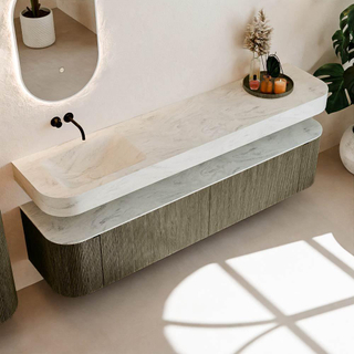 MONDIAZ THOR-DLUX 200cm meuble de salle de bains arrondi gauche + droite couleur Shadow avec 2 tiroirs et 2 portes. Vasque suspendue CLOUD Gauche sans trou de robinet couleur Opalo.