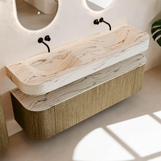 MONDIAZ THOR-DLUX 160cm meuble de salle de bains arrondi gauche + droite couleur Dusk avec 1 tiroir et 2 portes. Vasque suspendue CLOUD Double sans trou de robinet couleur Nata.