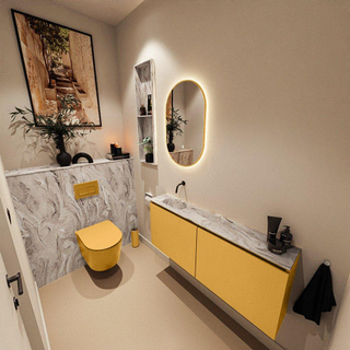 MONDIAZ TURE-DLUX Meuble toilette - 120cm - Ocher - EDEN - vasque Glace - position gauche - sans trou de robinet