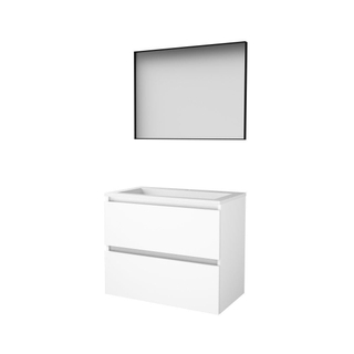 Basic-Line ensemble de meubles de salle de bain 80x46cm sans poignée 2 tiroirs vasque acrylique 1 trou de robinetterie miroir noir mat cadre aluminium sur tout le pourtour mdf laqué blanc glacier