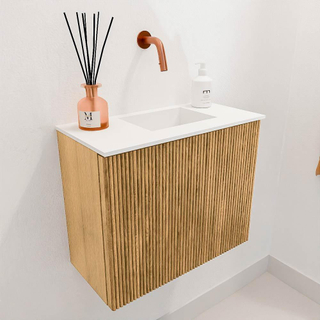 Mondiaz JOYA 50cm meuble de toilette - couleur Chêne - Vasque FAYE position Droite Sans trou de robinet couleur Talc