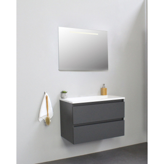 Basic Bella Meuble salle de bains avec lavabo acrylique Blanc 80x55x46cm sans trous de robinet avec miroir et éclairage Anthracite mat
