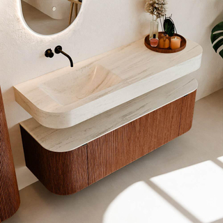 MONDIAZ THOR-DLUX 140cm meuble de salle de bains arrondi gauche + droite couleur Ruby avec 1 tiroir et 2 portes. Vasque suspendue CLOUD gauche sans trou de robinet couleur Meli.