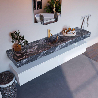 Mondiaz ALAN-DLUX Ensemble de meuble - 200cm - meuble - Talc mat - 2 tiroirs - Lavabo Cloud Lava suspendu - vasque Centre - 1 trou de robinet - Noir