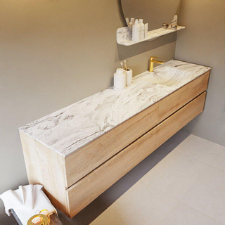 Mondiaz VICA-DLUX ensemble de meuble de salle de bain - 200cm - meuble sous-vasque chêne blanchi - 4 tiroirs - lavabo encastré cloud droite - 1 trou de robinet - version haute de 60cm - glace