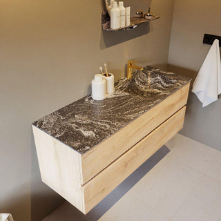 Mondiaz VICA-DLUX ensemble de meuble de salle de bain - 130cm - meuble sous-vasque chêne blanchi - 2 tiroirs - lavabo encastré cloud droite - 1 trou de robinet - miroir modèle spot - version XL 60cm haut - lave