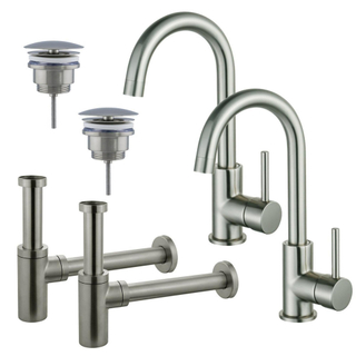 FugaFlow Eccelente Sobrado Kit robinet lavabo - pour double vasque - robinet haut - bec rotatif - bonde non-obturable - siphon design - Inox brossé PVD