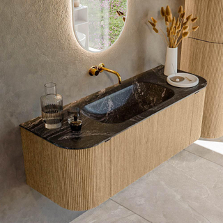 MONDIAZ KURVE-DLUX 130cm badmeubel met module 25 Len R kleur Oak met 1 lade en 2 deuren. Wastafel BIG SMALL midden zonder kraangat kleur Lava.