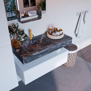 Mondiaz ALAN-DLUX Ensemble de meuble - 100cm - meuble Talc mat - 1 tiroir - Lavabo Cloud Lava suspendu - vasque Gauche - 1 trou de robinet