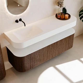 MONDIAZ THOR Meuble de salle de bains 150cm arrondi gauche + droite couleur Walnut avec 1 tiroir et 2 portes. Vasque suspendue CLOUD Gauche sans trou de robinet couleur Talc.