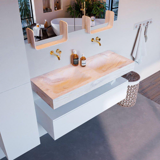 Mondiaz ALAN-DLUX Ensemble de meuble - 120cm - meuble Talc mat - 1 tiroir - Lavabo Cloud Ostra suspendu - vasque Gauche et droite - 0 trous de robinet